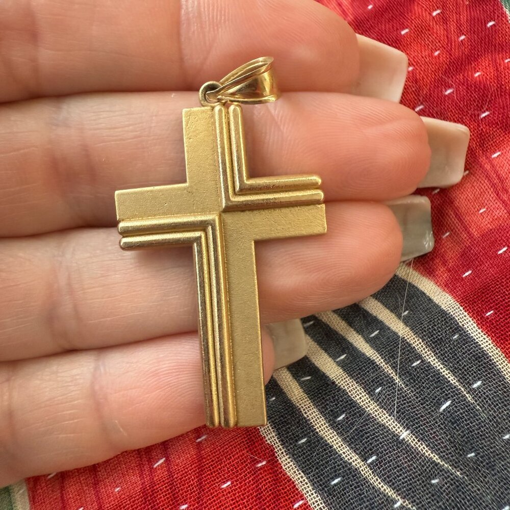 14K Gold Cross Pendant Charm - yellow, two-tone gold, 4 g